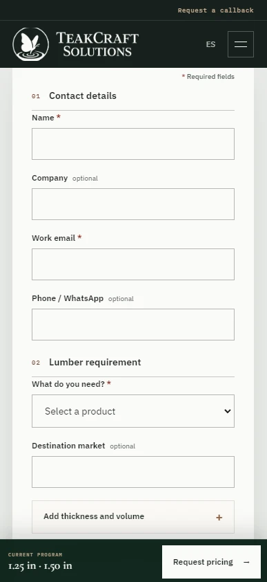 TeakCraft inquiry form on a phone