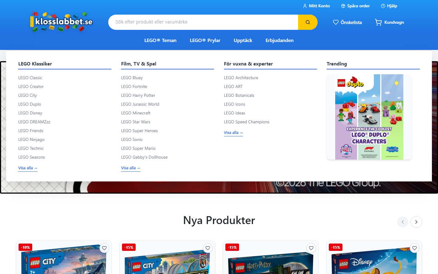 Mega menu — themes grouped as LEGO classics, film, TV and games, and adult sets