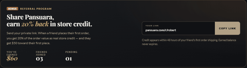 Referral program in the customer account — share link, earn 20% back, balances