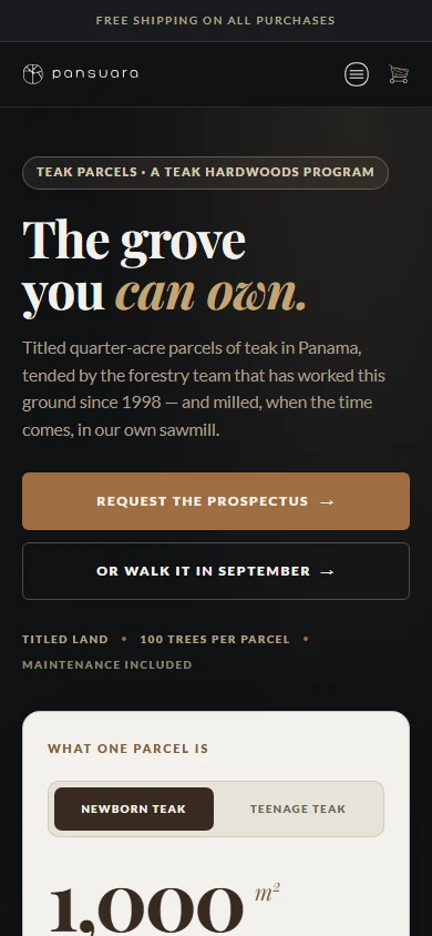 Current Teak Parcels production landing page — mobile