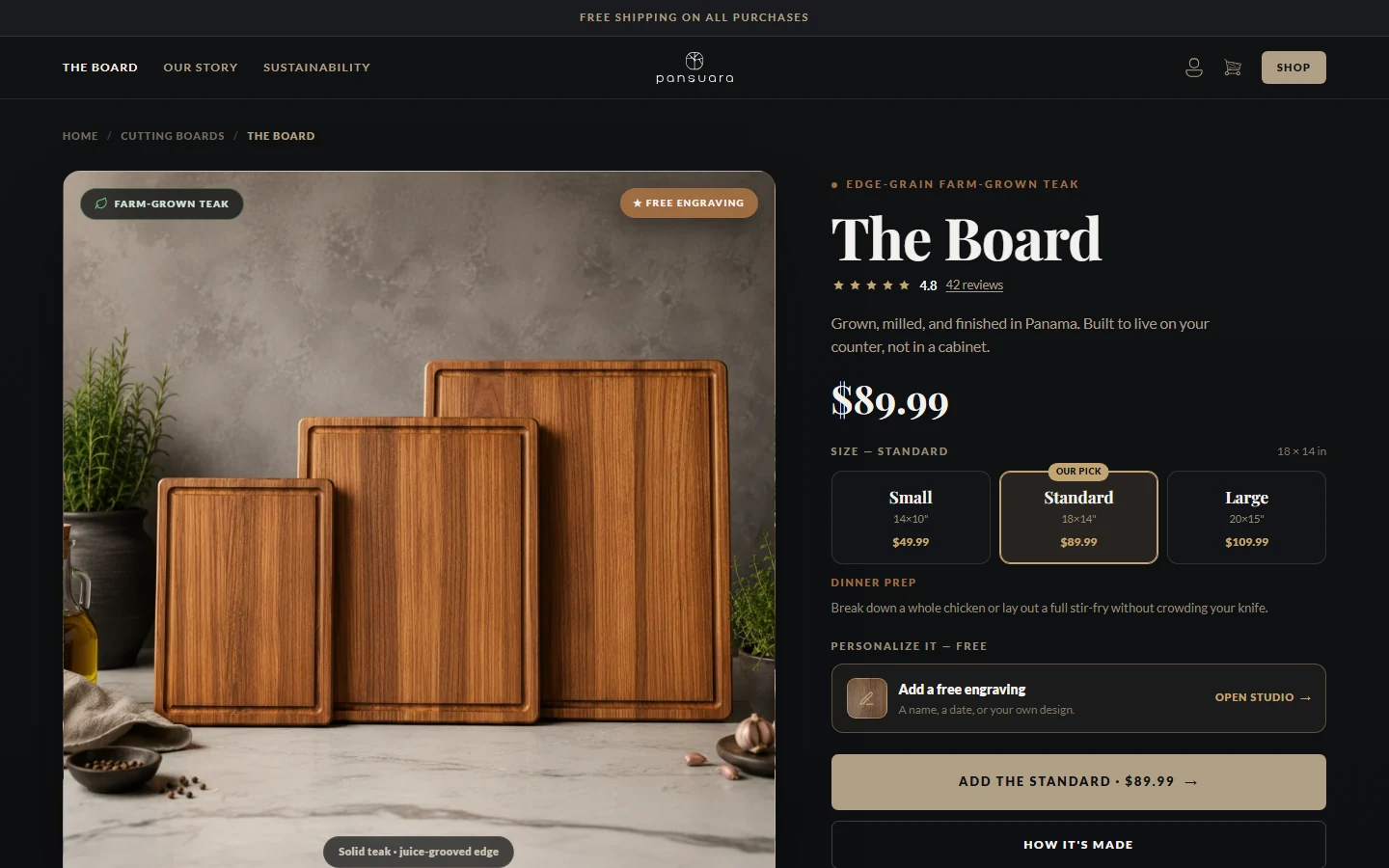 Current Pansuara production product detail page for The Board