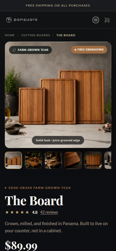 Current Pansuara production product detail page for The Board — mobile
