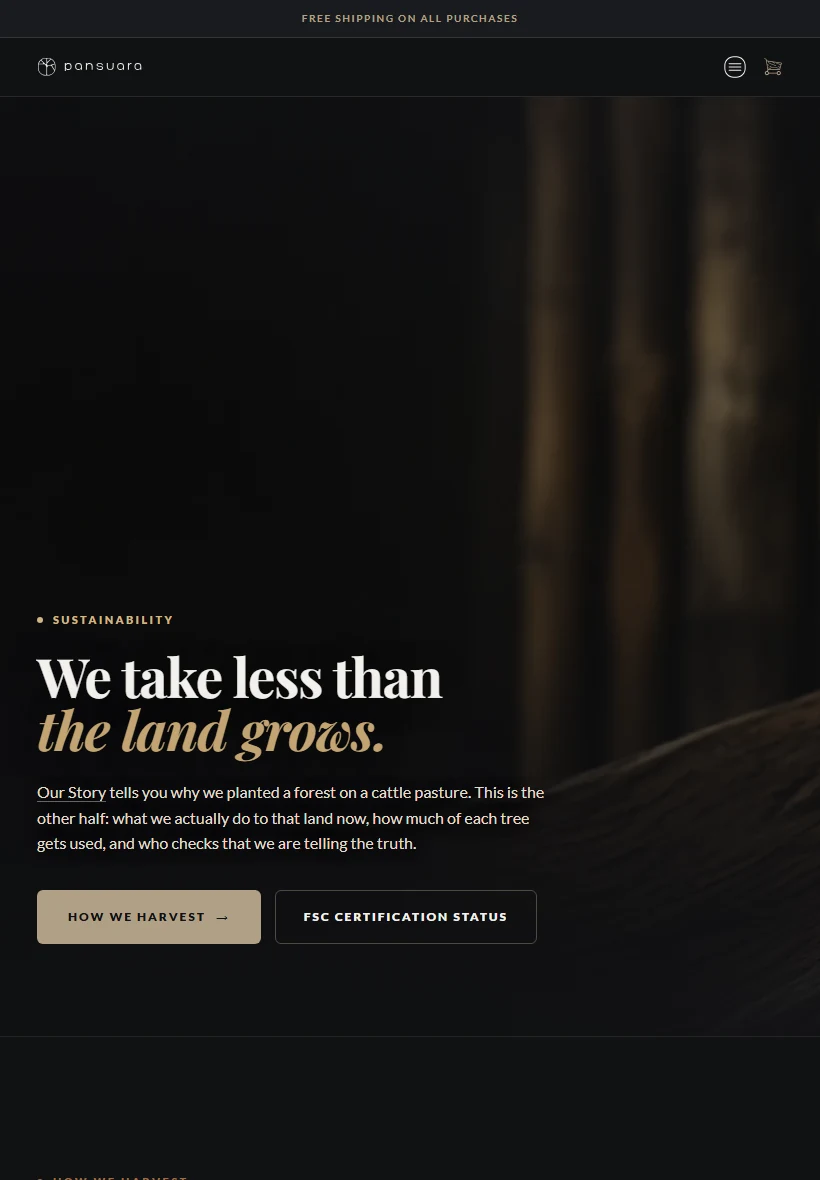 Current Pansuara production sustainability page — tablet