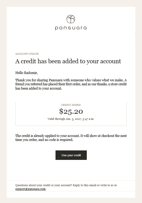 Delivered referral-credit email — dynamic amount, no code needed