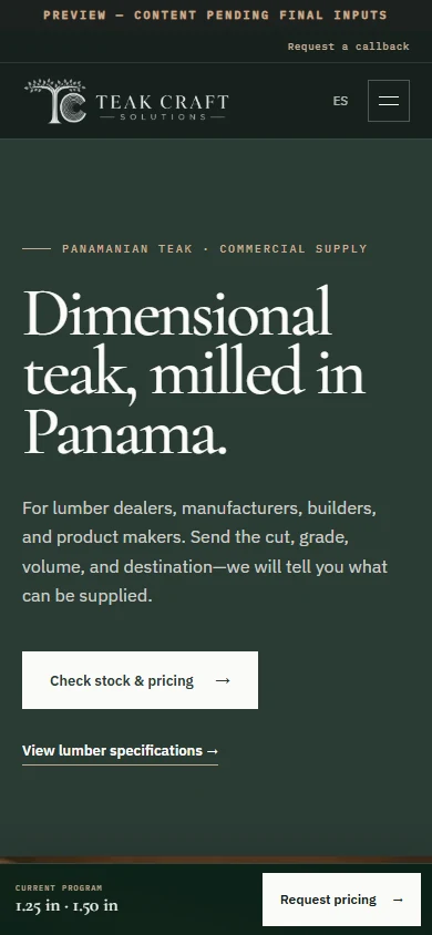 Teak Craft Solutions live homepage — mobile