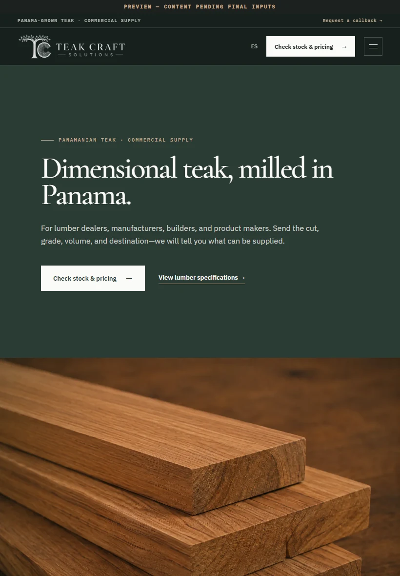 Teak Craft Solutions live homepage — tablet
