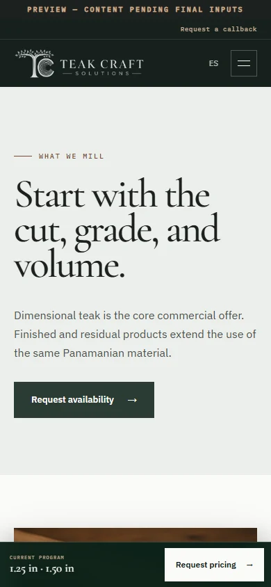 Teak Craft Solutions live products page — mobile