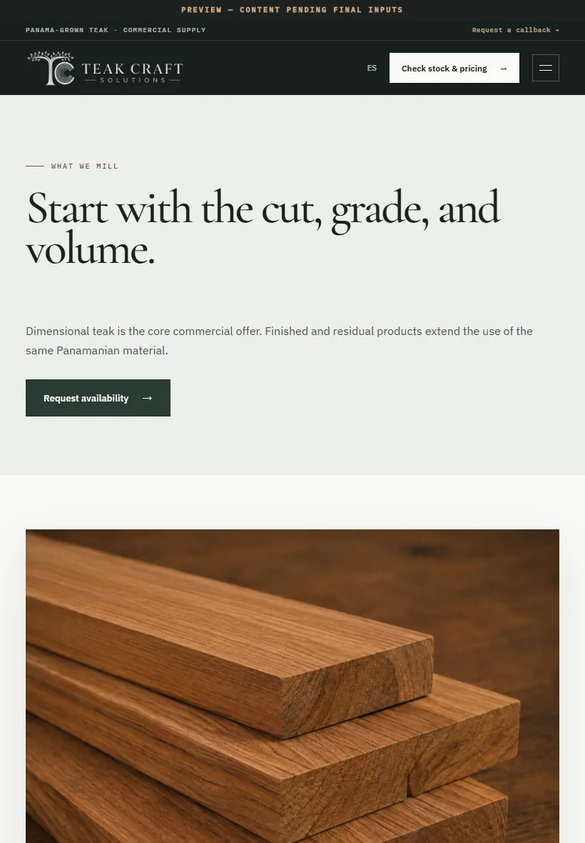 Teak Craft Solutions live products page — tablet