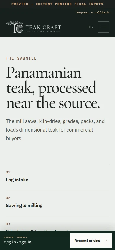 Teak Craft Solutions live sawmill page — mobile