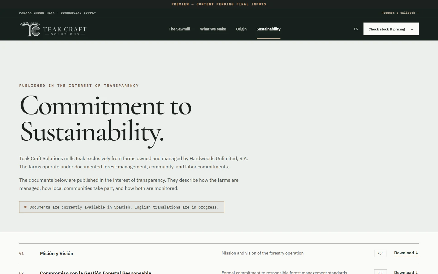 Teak Craft Solutions live sustainability page
