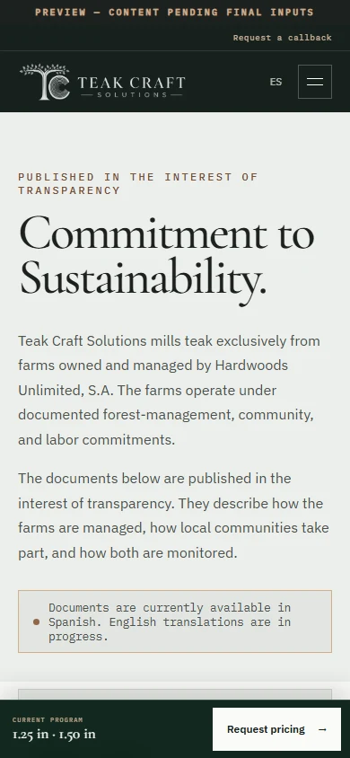 Teak Craft Solutions live sustainability page — mobile