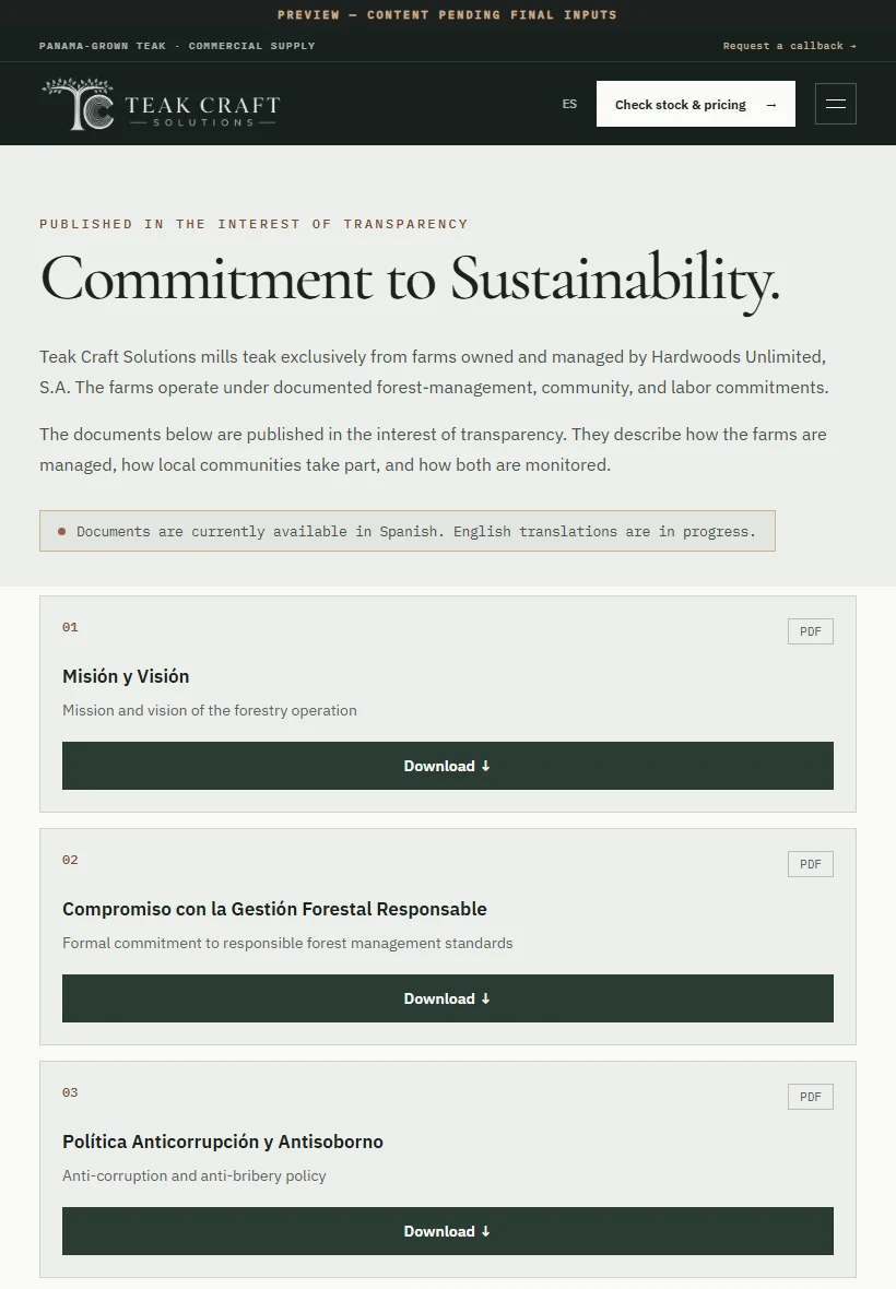 Teak Craft Solutions live sustainability page — tablet