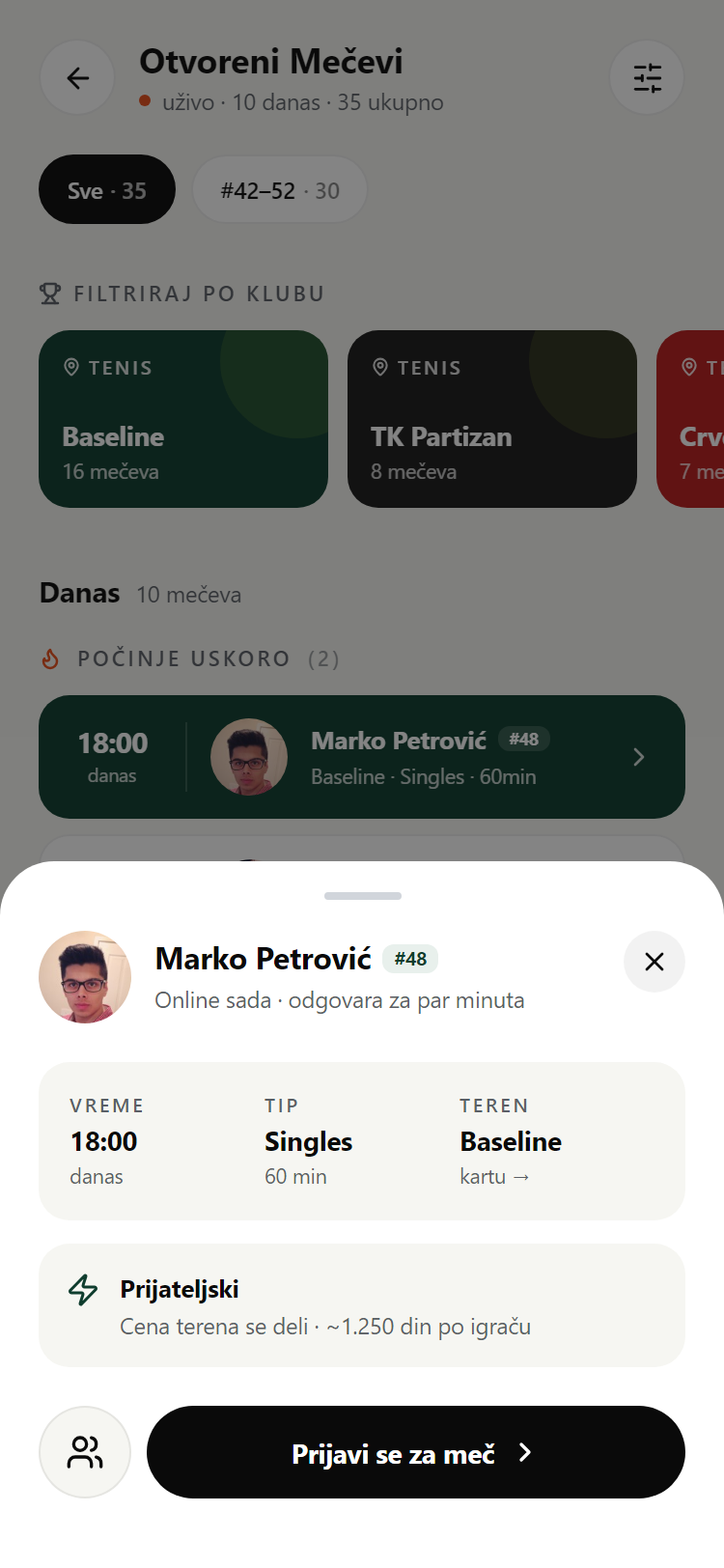 Match detail with per-player cost split
