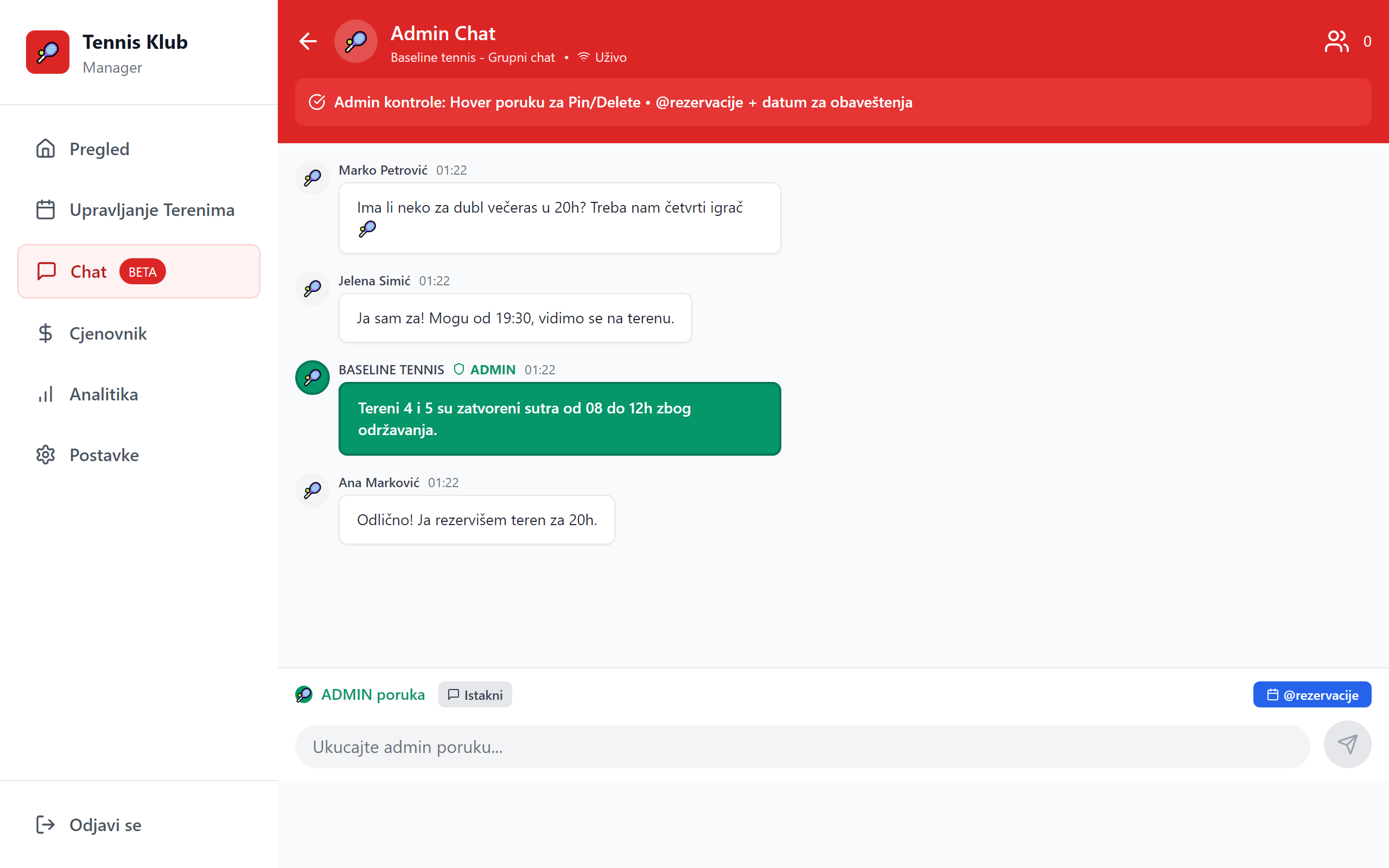 Club manager admin chat
