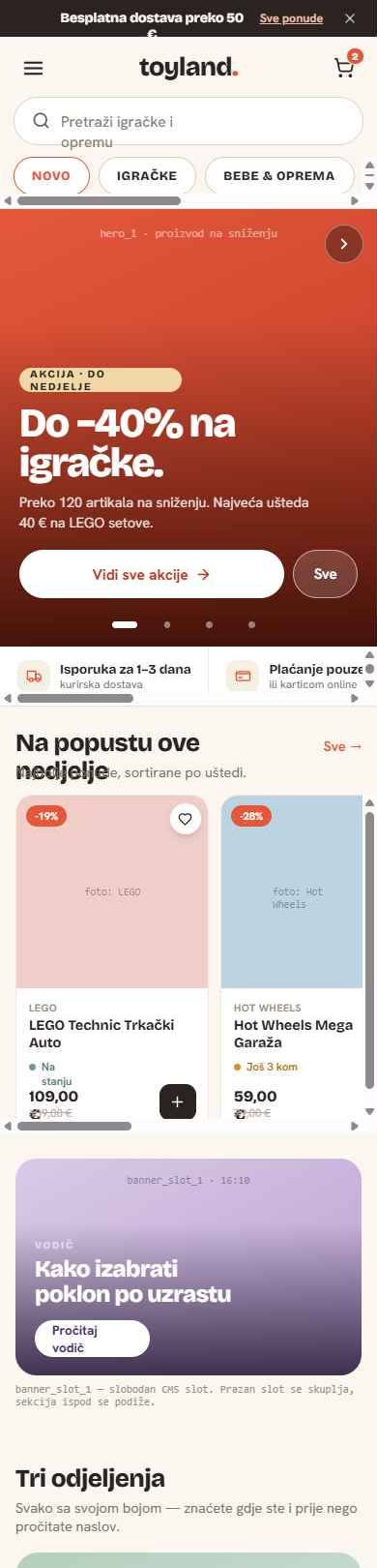 Toyland storefront homepage design — mobile