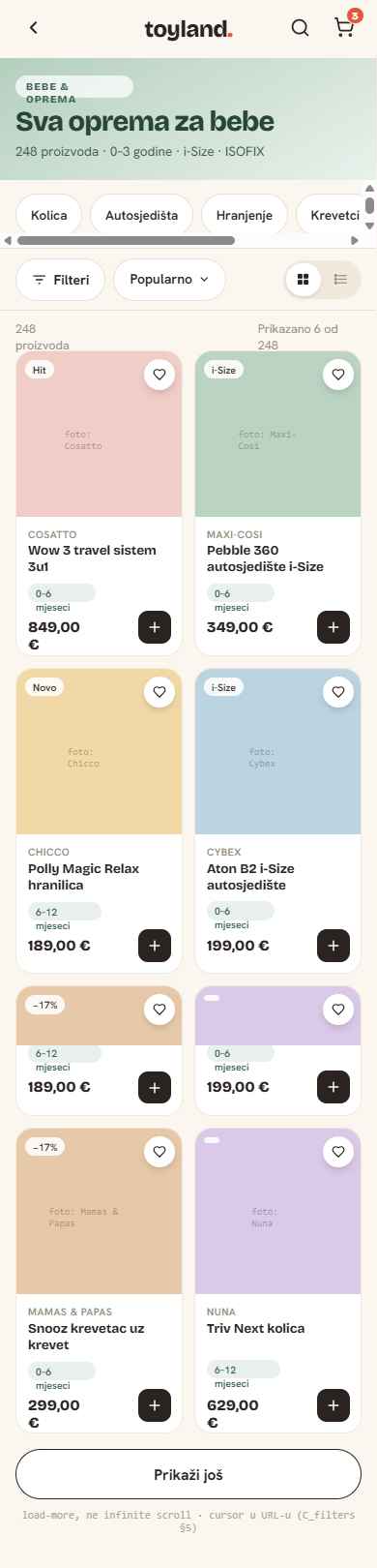 Toyland category page design — mobile